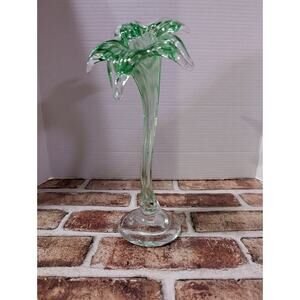Vintage MCM Green Art Glass Flower Floral Figurine Hand Blown Murano Style 11.5”